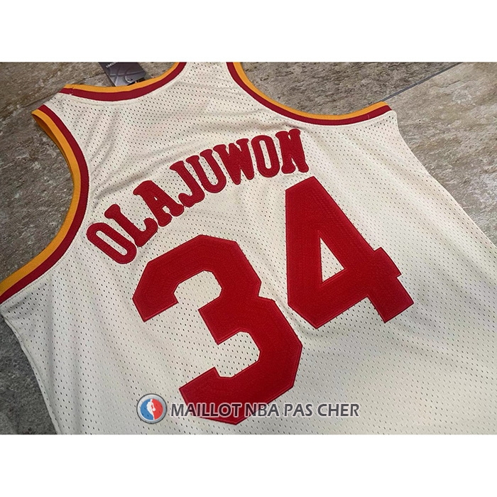 Maillot Houston Rockets Hakeem Olajuwon NO 32 Mitchell & Ness Chainstitch Creme